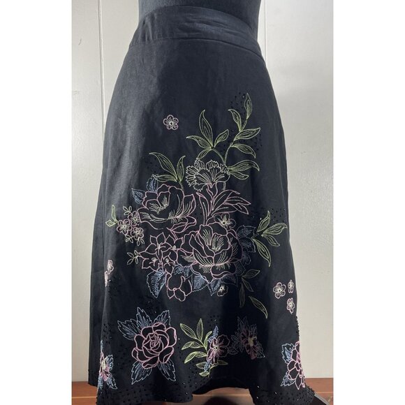 Black Linen Blend A Line Midi Skirt Lined Floral Embroidered Spring Beaded Fairy - Picture 1 of 16